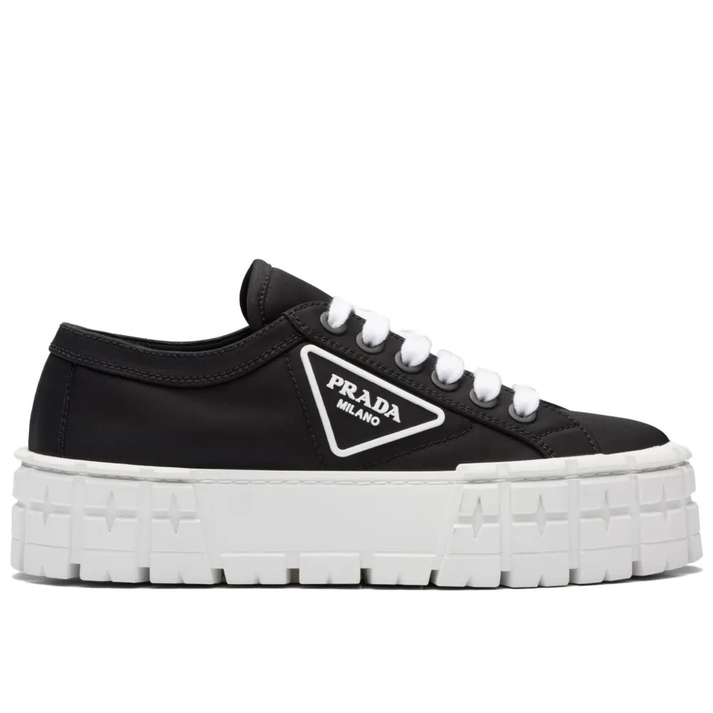 Prada Double Wheel Black White Logo Platform Sneakers Size 38